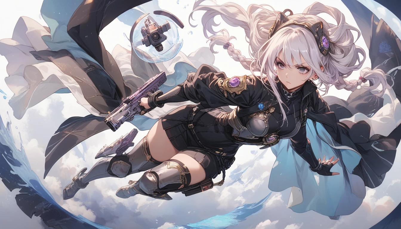 Uma garota,huge grayish purple hair hitting the smooth foot,pale skin with some slightly pink patches,She is wearing a tight black bodysuit and black fishnet stockings. Ela tem cintura fina quadril largo coxa grossa e peitoral grande,ela tem os olhos cinzas,and has a neutral face, Looking up at the sky 