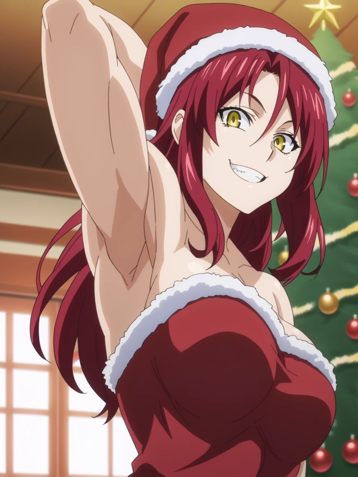 score_9, score_8_up, score_7_up, source_anime, anime screencap, 1girl, solo, rindou kobayashi, long hair, red hair, muscular, muscular female, yellow eyes, parted bangs, Santa costume, red costume, strapless, Santa hat, arm up, raised arm, armpit, looking at viewer, head towards viewer, smile, teeth, badhandv4, indoors, Christmas tree, from side, from below, kabedon, pinning down viewer 