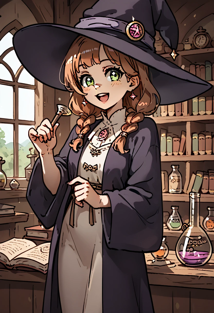 clean line art, no color, coloring book page, only line art, cute teenage anime girl, standing, witch hat, long simple dress robe, witch, no color, inside a potion shop, happy, cute, medieval