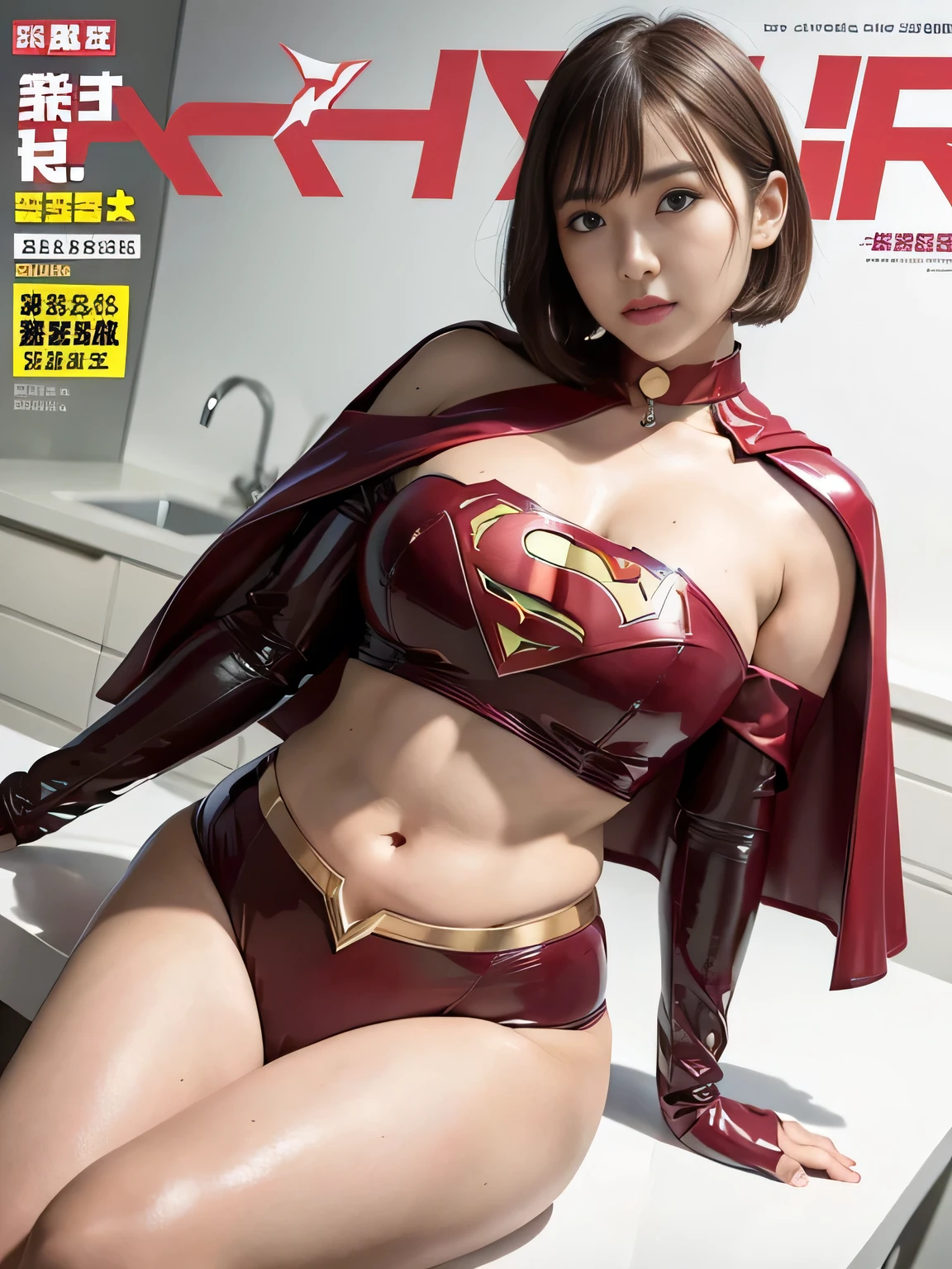 masterpiece、Rubber Supergirl Costume、short hair、Red rubber long boots、Big and ample breasts、shiny sweaty skin、looking at the camera、choker、Long sleeve、Sexy poses to seduce、Off the shoulder、latex、From the front、athlete、High leg、Cape、Beautiful thighs、Photo magazine cover、Boasting beautiful legs、wallpaper for pc、