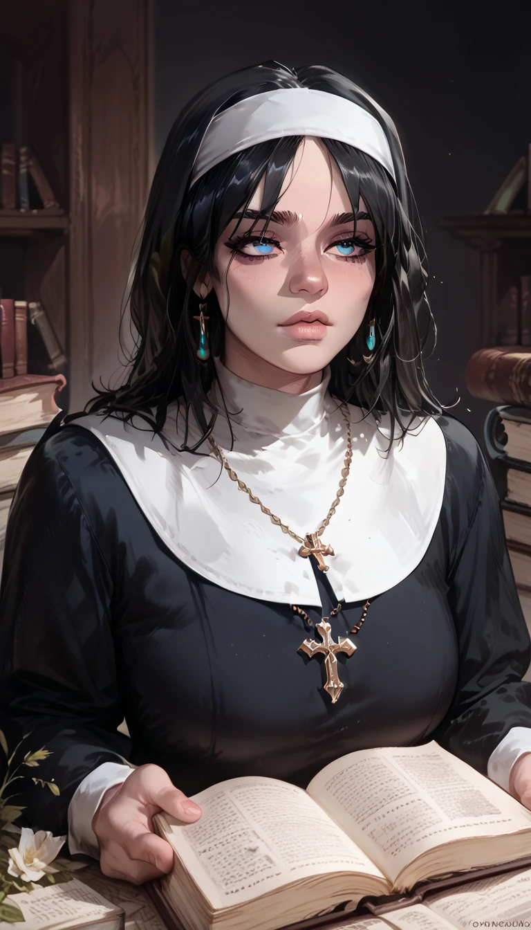 Billie Eilish is sitting in the library reading a book, serene look , look serene ,  Blue Eyes ,  short black hair,  Nun's clothing,  high quality  , Detail of the grass ,  detail in the background , sensual mouth,