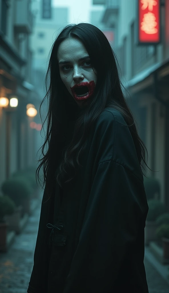 she、A woman with a pale face and white skin、Scary appearance with black eyes。Her mouth is covered in red lipstick and is torn open all the way to her ears.。Laughing while bleeding。long, Black Hair; she、Wearing a black dress。She's wearing a red coat over it., she恐ろしい見た目, she赤いベレー帽をかぶっています。Her eyes are black。The background is a horror-like black。The angle of view is only the face and shoulders、Show me.。sheとても怒っている。Chasing after me in red heels。The background is the Japanese countryside。Dimly lit in the countryside at night、Creepy。