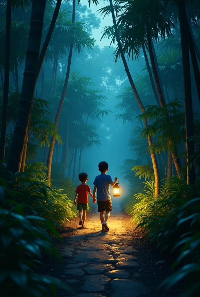 A boy with messy hair and bright eyes, with simple clothes and a radiant expression, is in the middle of a mysterious forest, holding a lit torch in his hand. The light of the torch illuminates the path ahead of you and reveals a charming village, with houses built on the huge trees that surround the area. The houses are all lit from the inside, com janelas brilhantes e pequenas pontes conectando-as. The surrounding forest is lush, with tall and dense trees, cheias de folhas coloridas e vida selvagem curiosa. The night sky is starry, Creating a magical setting. The boy smiles and is full of excitement to discover this amazing village. This image will convey a sense of wonder, aventura e alegria, sugerindo uma jornada emocionante e cheia de descobertas para o espectador.