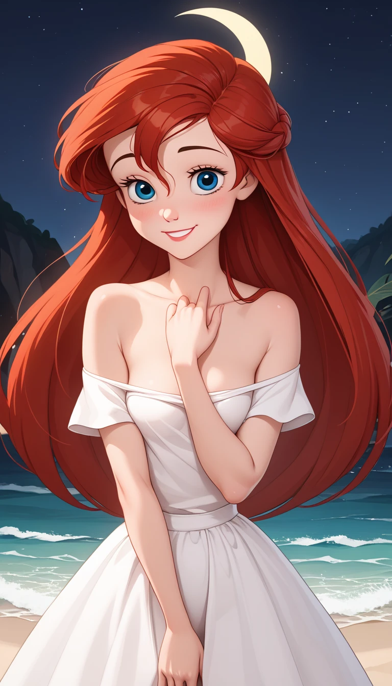 score_9, score_8_up, score_7_up, DisneyAriel, 1girl, red hair, blue eyes, long hair, looking at viewer, on a white off the shoulders ruffle maxi dress, short sleeve, standing on the beach, waves gently lapping at the shore, night skies with blue and purple hues with sparkling stars, relaxed and contemplative atmosphere, upper body, smile, arms at side, a crescent moon
