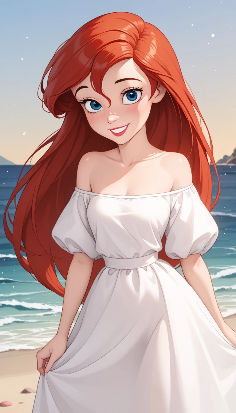 score_9, score_8_up, score_7_up, DisneyAriel, 1girl, red hair, blue eyes, long hair, looking at viewer, on a white off the shoulders ruffle maxi dress, short sleeve, standing on the beach, waves gently lapping at the shore, night skies with blue and purple hues with sparkling stars, relaxed and contemplative atmosphere, upper body, smile, arms at side, a crescent moon
