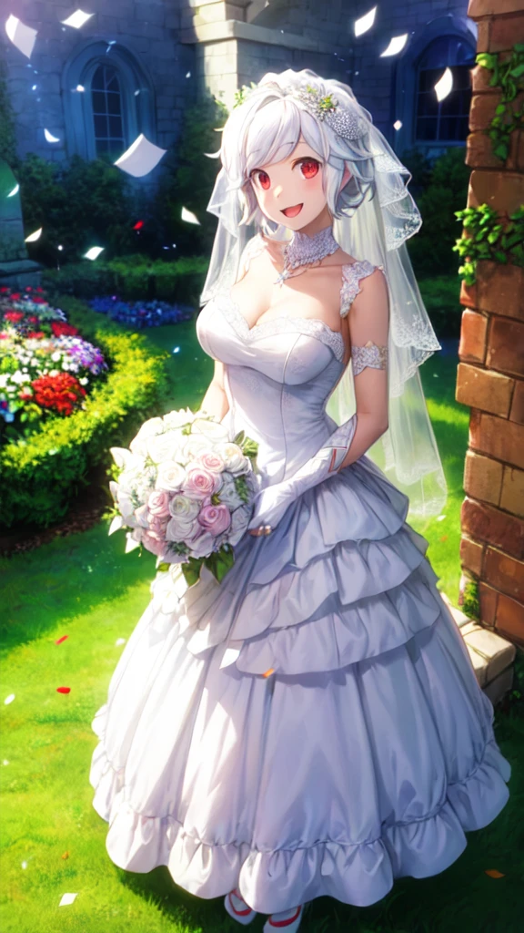 (masterpiece, best quality, girl, solo, looking at viewer, bell_cranel, white hair, red eyes, large breasts, wedding Dress, standing, garden, confetti, holding bouquet, smile, open mouth,