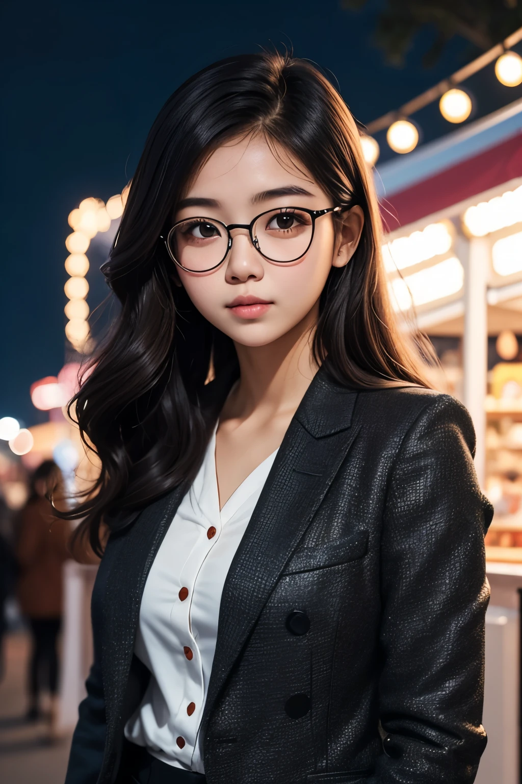 detailed face of photo. 20 year old white skin slim body Indonesian girl with a sweet face, round face chubby face and long brown wavy hair, round glasses wearing black modern style luxury winter blazer in skyview at night