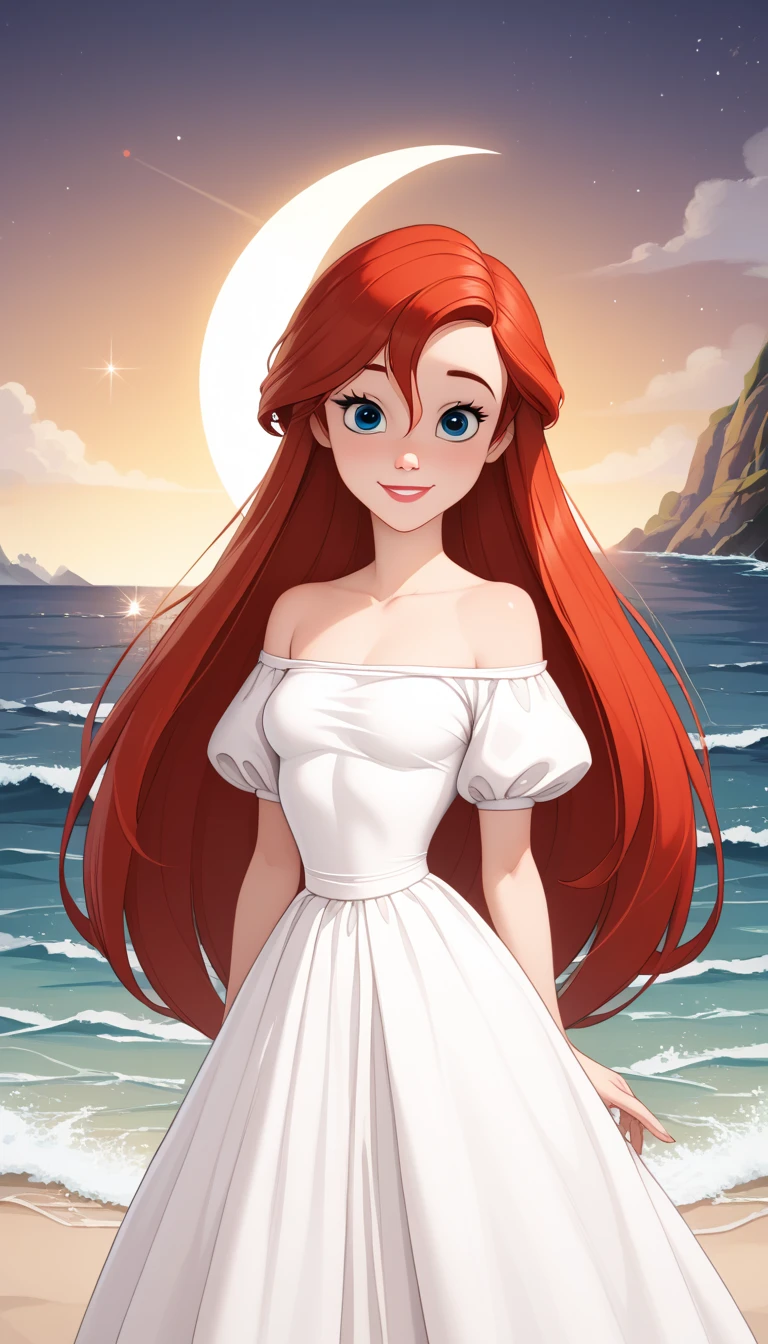 score_9, score_8_up, score_7_up, DisneyAriel, 1girl, red hair, blue eyes, long hair, looking at viewer, wearing a white off the shoulders ruffle maxi dress, short sleeve, standing on the beach, waves gently lapping at the shore, night skies with blue and purple hues with sparkling stars, relaxed and contemplative atmosphere, upper body, smile, arms at side, a crescent moon