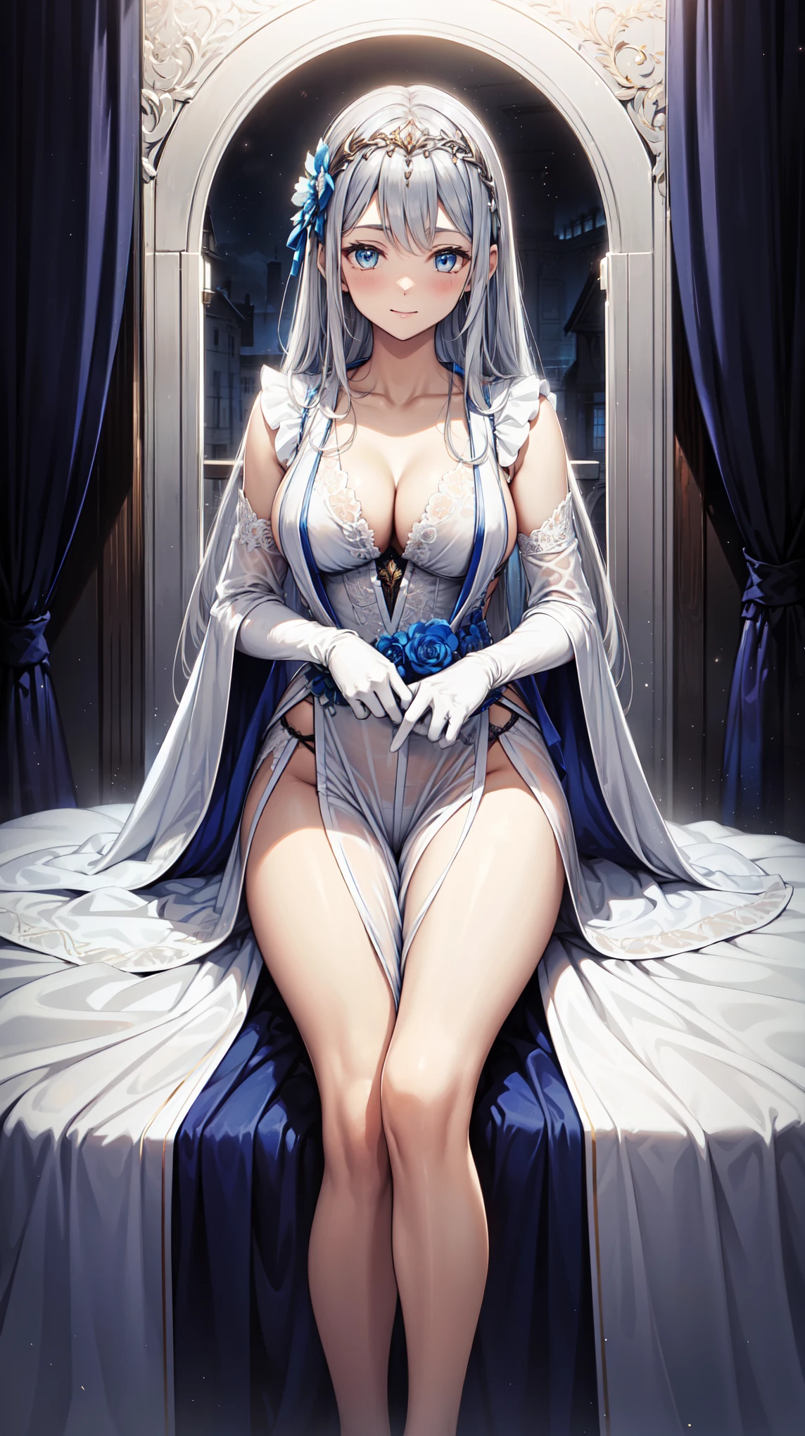 Saint，Single，Attractions， Have Fun ，in love，( white robe with transparent pajamas，Revealing the body )，(White ruffle gloves)，Silver Hair， blue eyes ，Sacred headdress， transparent lace ，Dress nicely，，European bedroom，(night:1.1)， Detailed skin ，