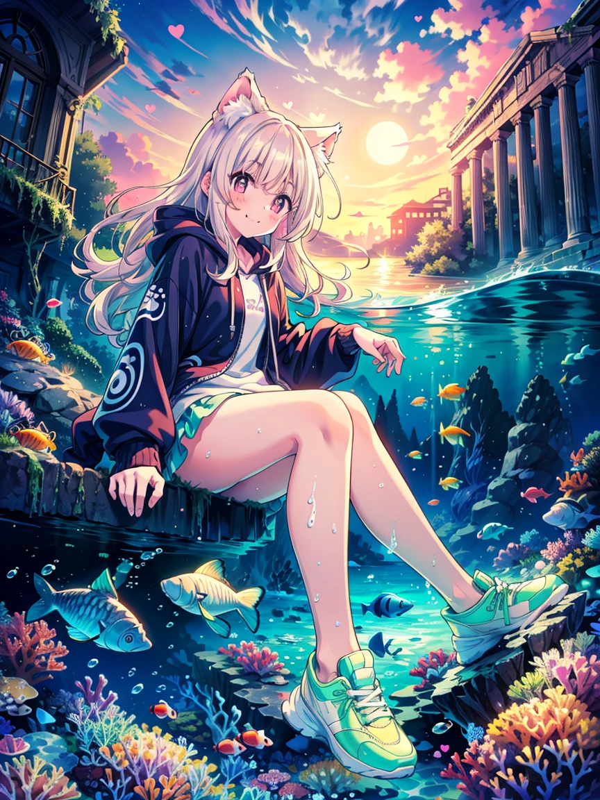 Top quality, high resolution, perfect human structure, iridescent hair, glowing hair, cat ears, fun, sitting on roof, city, sunset, moon, neon, neon colors, near future, from below , heart shaped pupils, wavy hair, shiny hair, smiling, hoodie, sneakers, beautiful,masterpiece, best quality, absurdres, 1girl, Deep under the sea, the white marble Greek temple, the brilliant stone avenue, a robed girl in it. fishs, coral, magical light, Tyndall light, in the water, under sea, under ocean