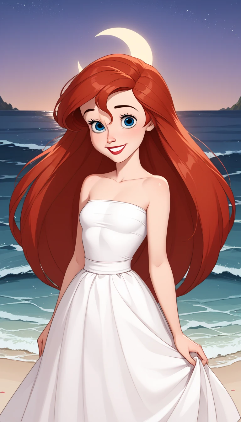 score_9, score_8_up, score_7_up, DisneyAriel, 1girl, red hair, blue eyes, long hair, looking at viewer, wearing a white off the shoulders ruffle maxi dress, short sleeve, standing on the beach, waves gently lapping at the shore, night skies with blue and purple hues with sparkling stars, relaxed and contemplative atmosphere, upper body, smile, arms at side, a crescent moon
