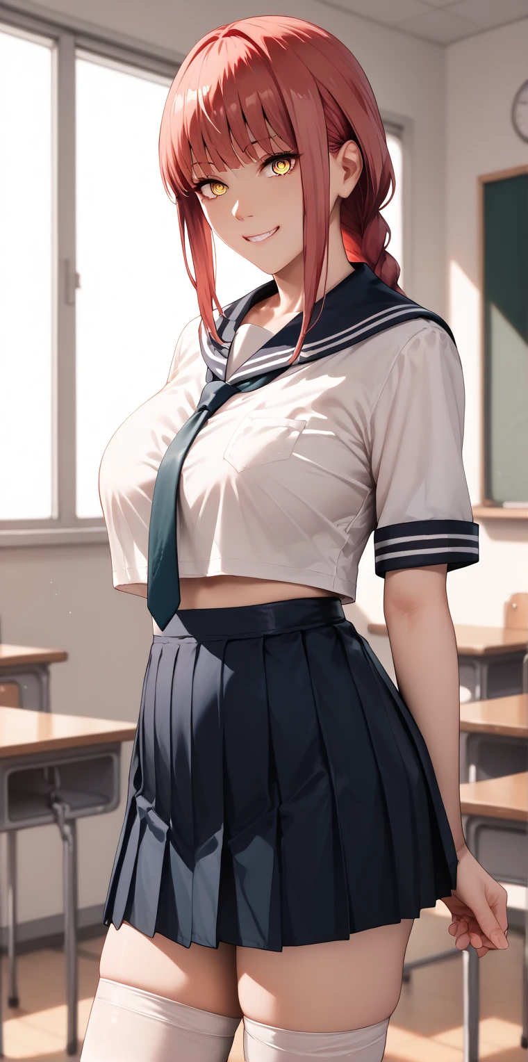  Makima, 1girl, solo, long hair, breasts, smile, bangs, large breasts,yellow eyes, braid, sidelocks, red hair, braided ponytail, ringed eyes, ruanyi0615,sailor outfit, school_uniform, Tie, white stockings, smile, close mouth, Tying up hair, Biting hair tie, background in classroom, standing, crop clothes