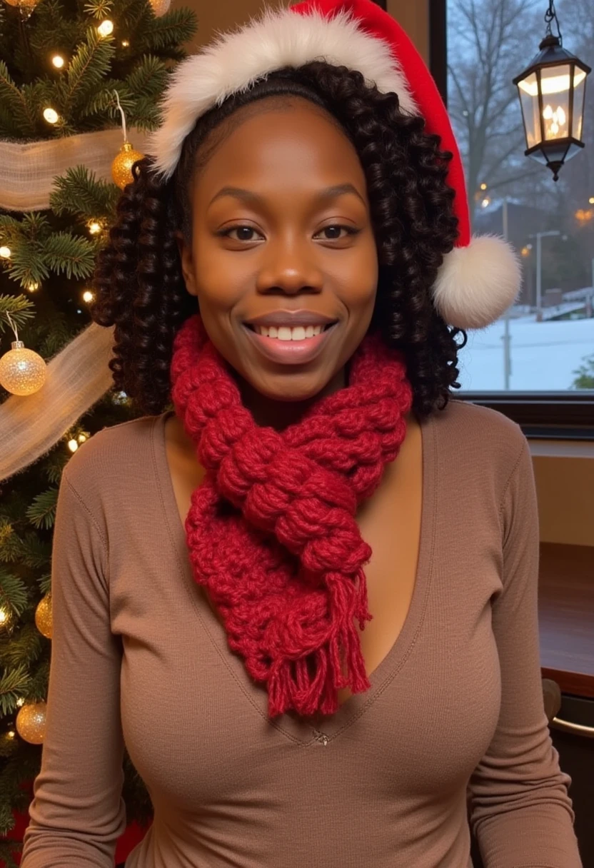 Destini 

"A radiant Black woman, joyfully celebrating Christmas. She wears a Santa hat and a cozy snowman scarf, surrounded by a beautifully decorated Christmas tree, twinkling fairy lights, and a cozy fireplace. Snow gently falls outside, adding to the magical holiday atmosphere. Her smile radiates warmth and happiness, capturing the spirit of the season 