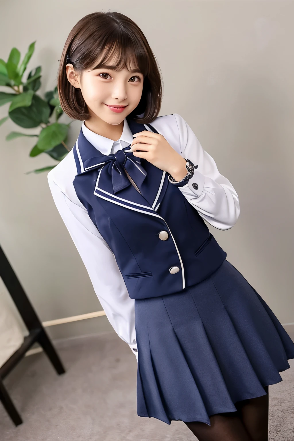 The character is a young woman.、Wearing a uniform。Her hair is reddish pink、It is long and straight。On his head he had a blue beret、Decorated with black ribbon。

The uniform、The navy blue jacket features a large pink ribbon.、Paired with a white shirt。The jacket has gold trim on the sleeves and collar.、Designed with care down to the last detail。The skirt is light grey、It is a soft and wide design。She is wearing white socks and brown loafers.。

The character has one hand on his hip、She is posing with her other hand close to her face.。The expression is cheerful and bright、The picture is drawn to highlight her charm.。as a whole、This illustration is adorable、Gives a vivid impression。