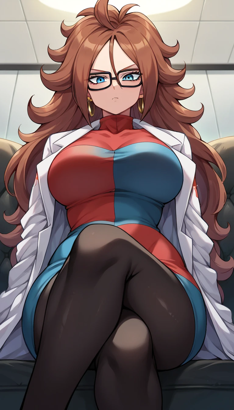 android21, android 21, blue eyes, brown hair, glasses, long hair, very long hair, black-framed eyewear, serious face, close mouth, black sleeves, checkered clothes, checkered dress, detached sleeves, dress, lab coat, turtleneck, indoors, Black pantyhouse looking at viewer, sexy body, huge breasts, thick legs, wide hips, front view, below view, sitting on sofa, crossed legs, Black pantyhouse, complet body