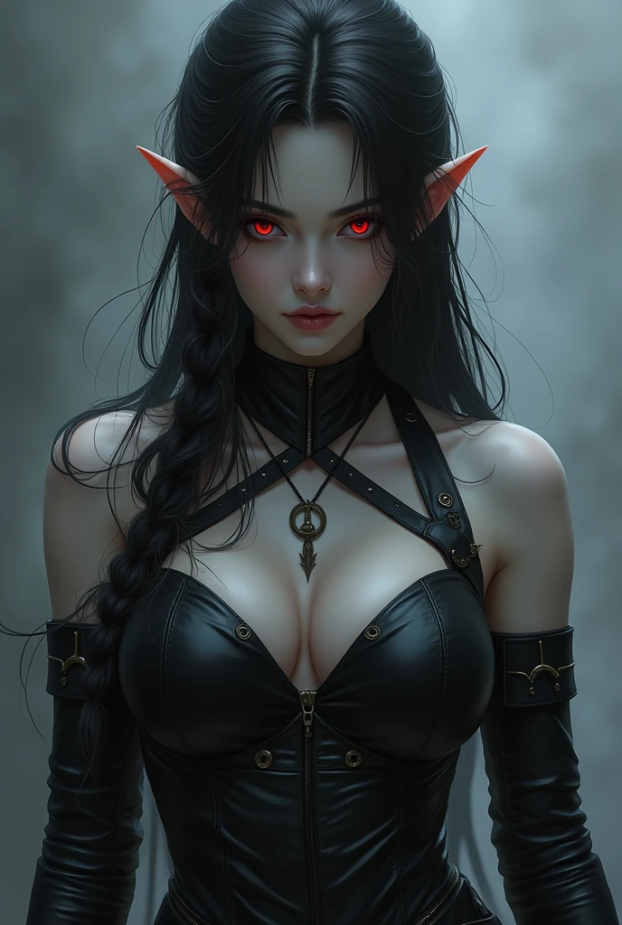 A girl with medium-long black hair, red horns, Red eyes, mischievous personality, and a sexy black dress