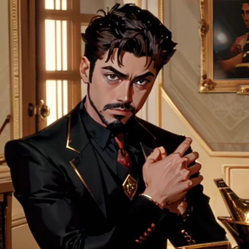  Young Tony Stark ,  dark clothes ,  leans his hands on the table,  looks down and to the left , golden frame , red and black, 