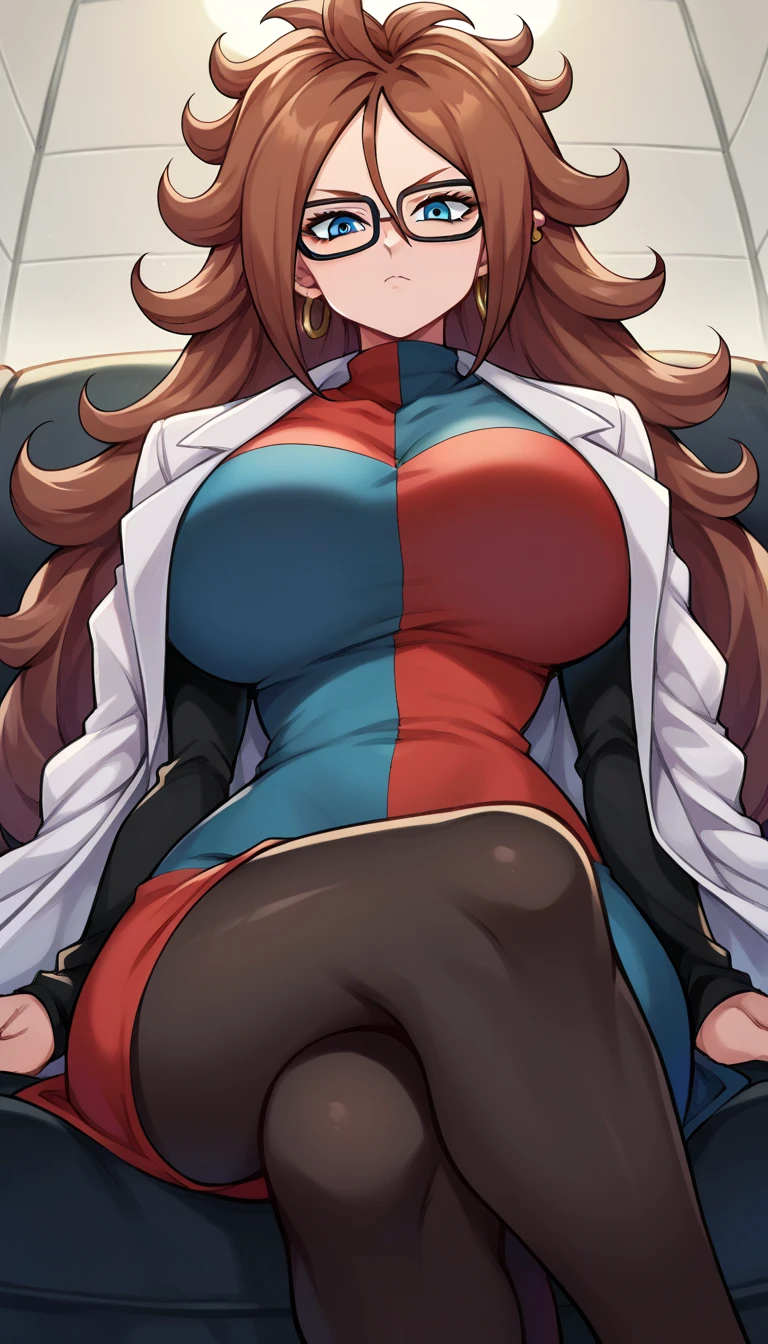 android21, android 21, blue eyes, brown hair, glasses, long hair, very long hair, black-framed eyewear, serious face, close mouth, black sleeves, checkered clothes, checkered dress, detached sleeves, dress, lab coat, turtleneck, indoors, Black pantyhouse looking at viewer, sexy body, huge breasts, thick legs, wide hips, front view, below view, sitting on sofa, crossed legs, Black pantyhouse, complet body