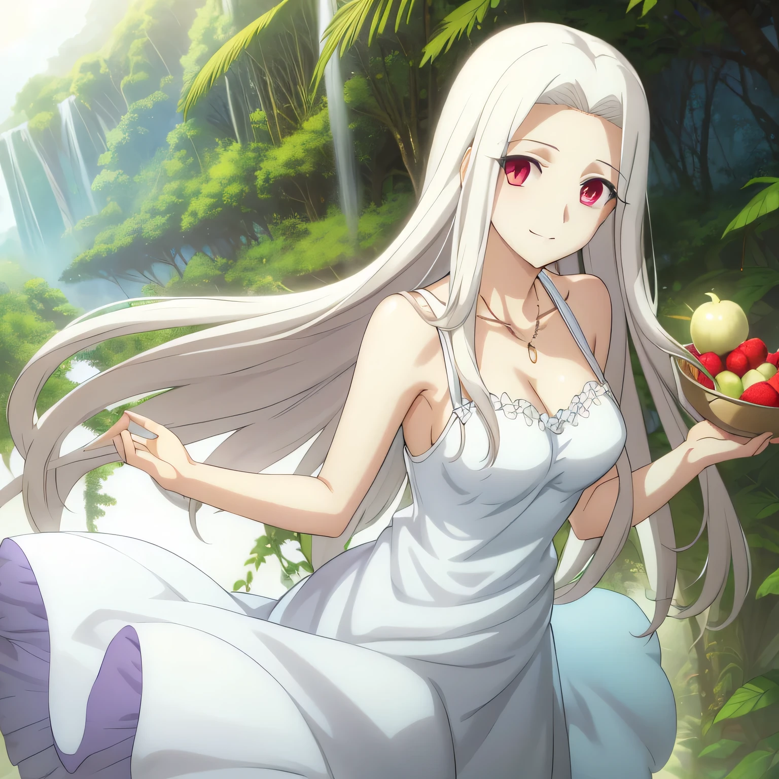 Irisviel,cold silky dress sleeveless,solo,looking at viewer,beautiful smile,arm at side,middle size of breast,beautiful necklace,tall breasts,flowers in air,in beautiful jungle,irisviel,carrying fruits Basket 