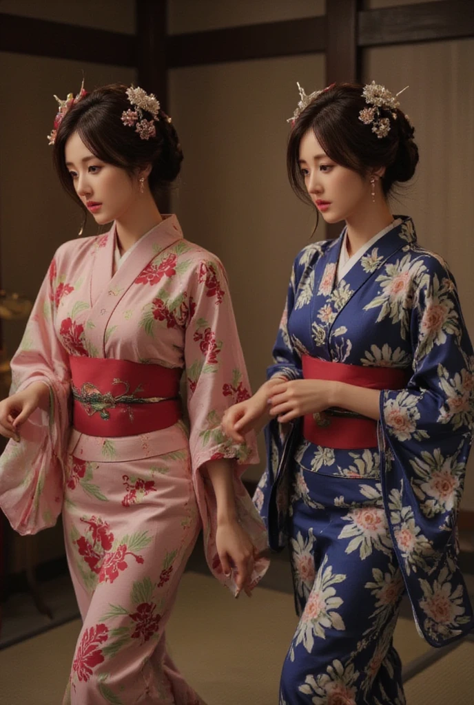 A hyper-realistic depiction of two elegant maiko (apprentice geisha) gracefully performing a traditional dance on a tatami mat floor. They are dressed in elaborate kimonos with vibrant patterns, their hair styled in traditional fashion adorned with kanzashi hairpieces. The scene is captured from a photographer's perspective, with soft ambient lighting enhancing the serene and cultural atmosphere of the Japanese room.