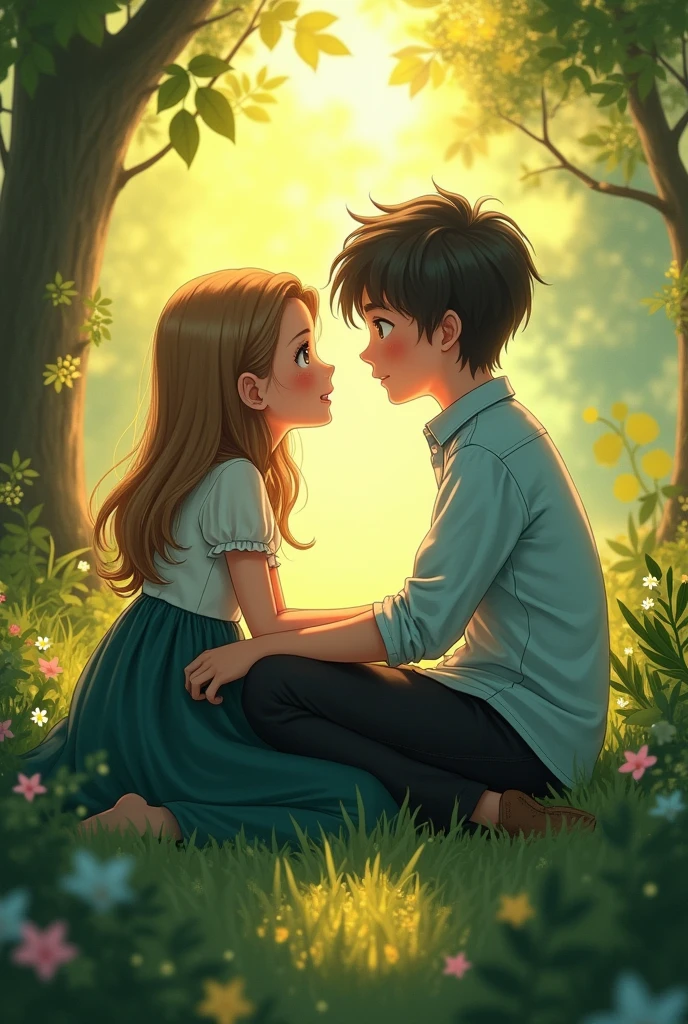 A boy in love with a girl,a girl wearing a dark green skirt and a boy ...