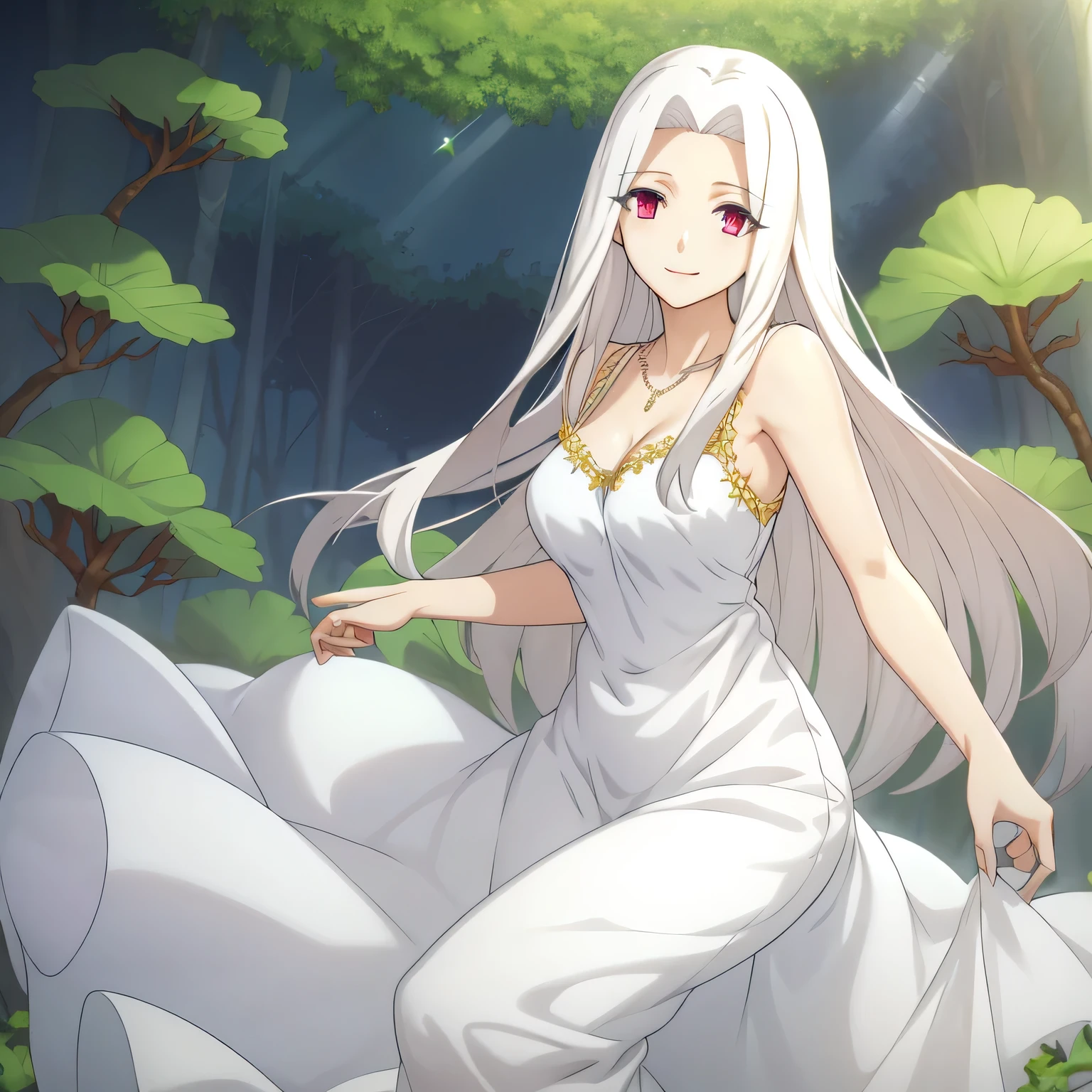 Irisviel,cold silky dress sleeveless,solo,looking at viewer,beautiful smile,arm at side,middle size of breast,beautiful necklace,tall breasts,flowers in air,in beautiful jungle,irisviel,carrying fruits Basket 