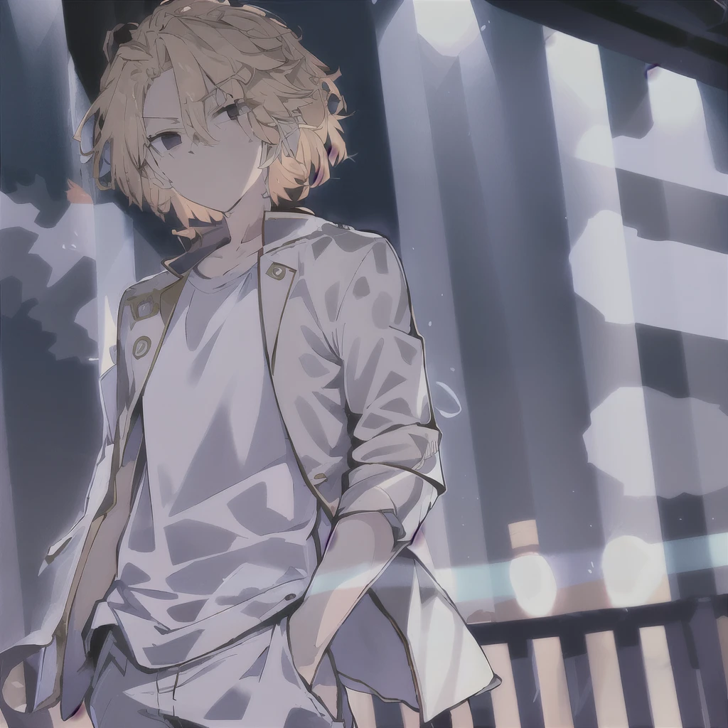 high detailed, 8k,  highres icon, Mikey (Mike), manjiro_Years, Tokyo_ Avengers, 1 boy, Alone,  masculine focus,  blonde hair , shirt, jacket, hands in pockets, white shirt, pants,  looking the other way , wind, jacket on shoulders, standing