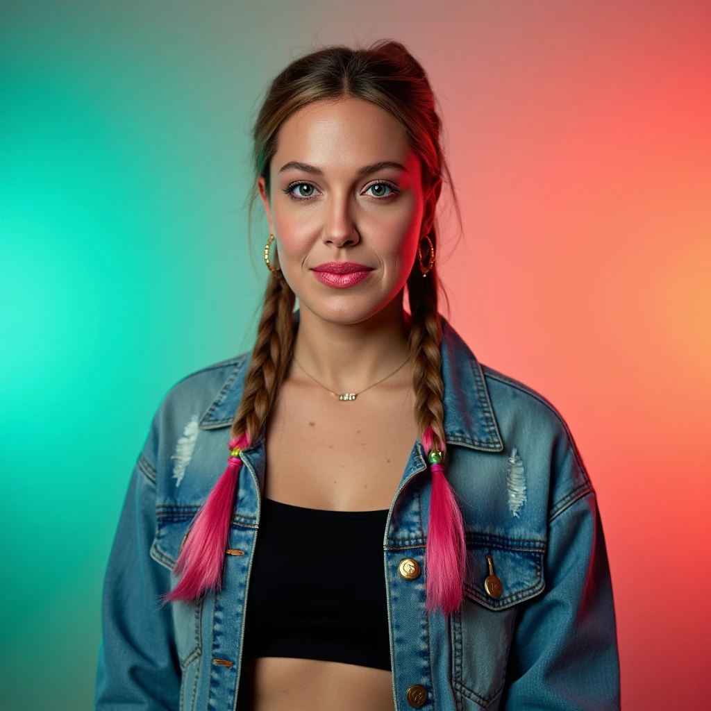 Photo of a 22-year-old English woman with two long, sleek braids, each ending in playful, vibrant pink-dyed tips that add a touch of edgy personality to her look. She has fair skin with a natural rosy undertone and freckles scattered lightly across her nose and cheeks. Her expression is confident yet friendly, with a subtle, knowing smile as she gazes directly into the camera. Her pose is engaging—she tilts her head slightly to one side, her chin raised, giving the portrait an approachable yet dynamic energy.

She is dressed in a trendy oversized denim jacket with distressed details, layered over a simple black crop top. A pair of small silver hoop earrings and a delicate choker necklace add a minimalist, modern edge to her style.

The background is a vibrant gradient of teal and coral, creating a striking contrast with her outfit and hair. The lighting is soft yet directional, casting subtle highlights on her face and hair, while the colorful backdrop adds depth and energy. The overall vibe is contemporary, bold, and effortlessly cool, reflecting her youthful charm and individuality.