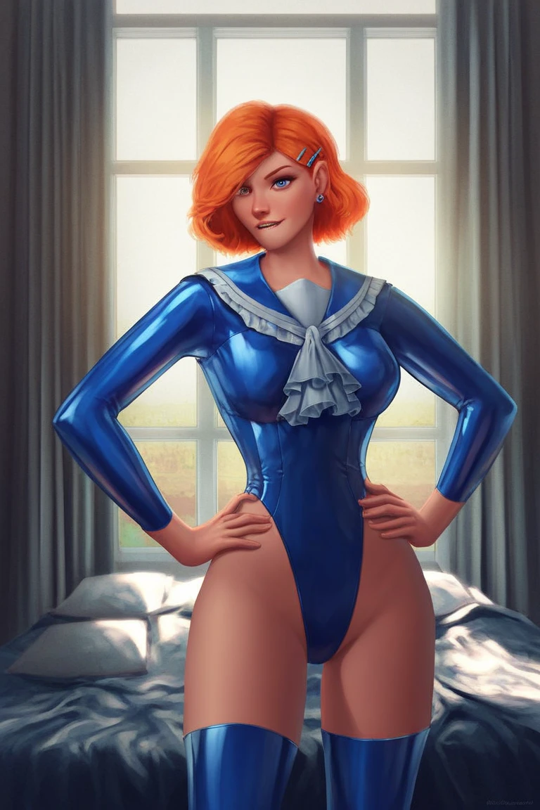 masterpiece, best quality, amazing quality, very aesthetic, absurdres, Gwen Tennyson, 1girl,solo, orange hair, earrings,single ear clip, hands on hip, looking at viewer, biting on lip,hair to the left,indoors, bedroom,latex blue legwear, latex white serafuku,blue latex highleg ,frills,cowboy shot,masterpiece, best quality, amazing quality, very aesthetic, absurdres,  newest, scenery,