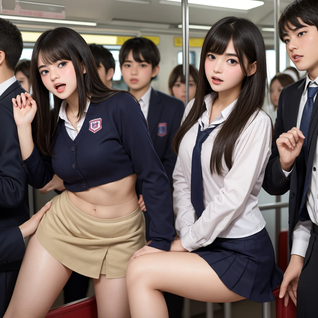 Knee up, masutepiece, Best Quality,8 girls on the bus,(5 people standing:1.2),Standing,Teenage, Looking at Viewer,l Group shot, harems,nffsw,Retro white underwear,  (pantiy),Realistic,School uniform,(Maroon blazer and white shirt) ,(Dark blue pleated skirt),Blue Ribbon ,(Looking back, ass grab:0.9),(Beautiful eyes:1.3),frombelow,From below,Kinney,(skinny:1.2) ,thick thighs, Long body, novel illustration,(Smelly eyes:0.5),closed curtains,(shirts lift,lifted by self:1.5) ,Dark Persona.Skirt lift front,(Panties:1.3)、Bend your right leg、Braids、From  above,