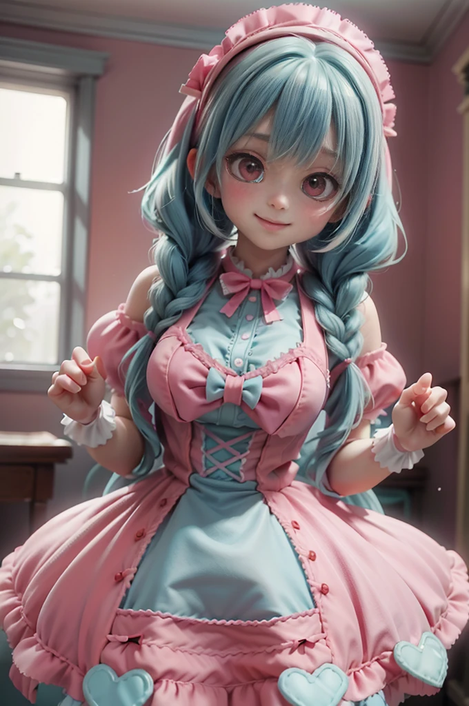  1 girl, Photo,  masterpiece, Sweetlolita im Bedroomgothic Gothic Interior, pink-white dress fabric ,  blushing pink makeup , Gloves, smile, ((side twin braids, greenblue hair)), Pastel colors, artfully, Broderry,  keeps stuffed teddy bear, bokeh,,  huge breasts 