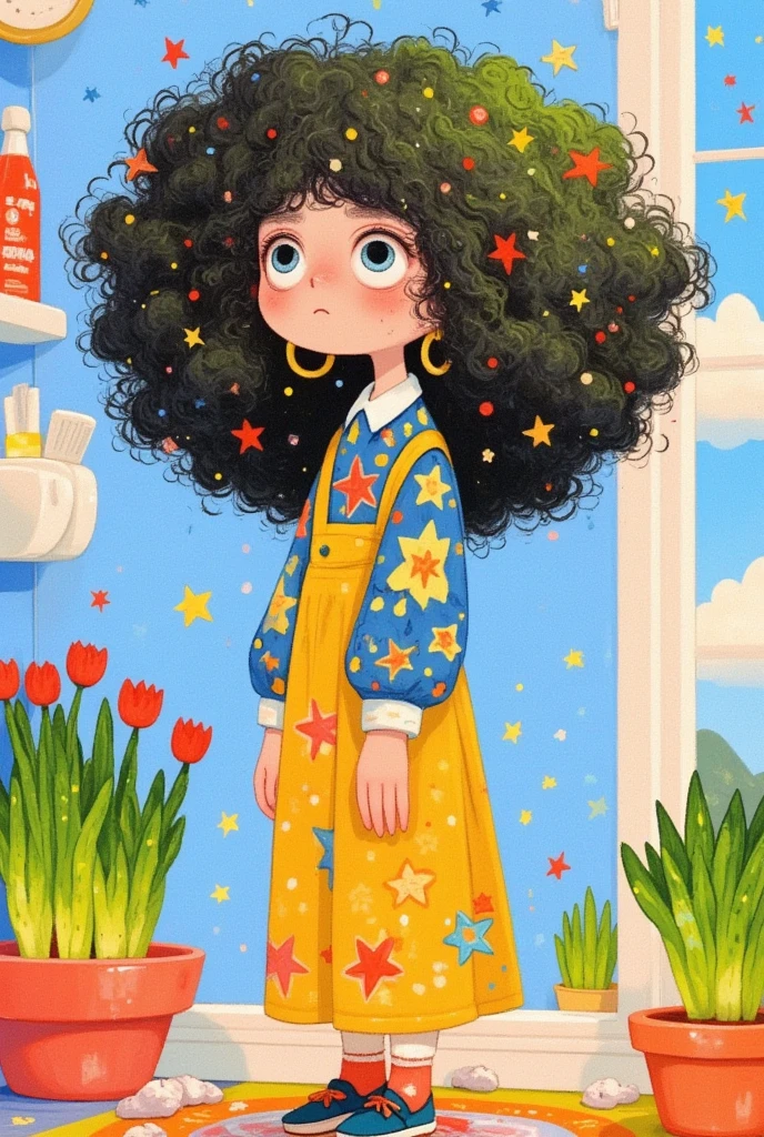 Cartoon girl with big curls standing in a room , Broccoli Hair ,  cute detailed digital art ,  colorful illustration , Lovely art style, 可爱的数字艺术, Cute illustrations,  可爱的细节艺术品 , Colorfull illustration,  art on artstation ,  a beautiful art illustration , Fertility illustration,  cute digital painting , Dream illustration ,   hand drawn cartoon art style inspired by cartoon 