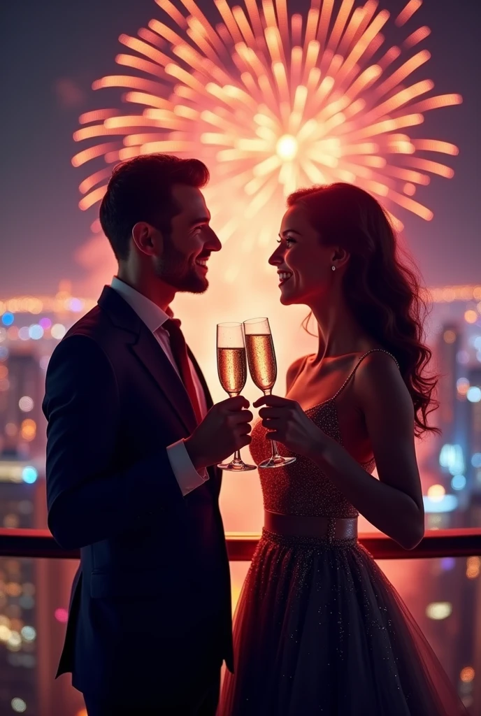 party scene, with fireworks, guests dancing and drinking, in the center an adult white man, straight short black hair, brown eyes, thick eyelashes, wearing a party tuxedo and holding a glass of champagne, realistic, digital art, realistc, photo