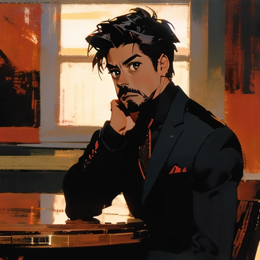 Tony stark,  black uniform with red, Silhouette, в  Full Height,  Full Height, leans his palms on the table, looks to the left, symmetry, beautiful