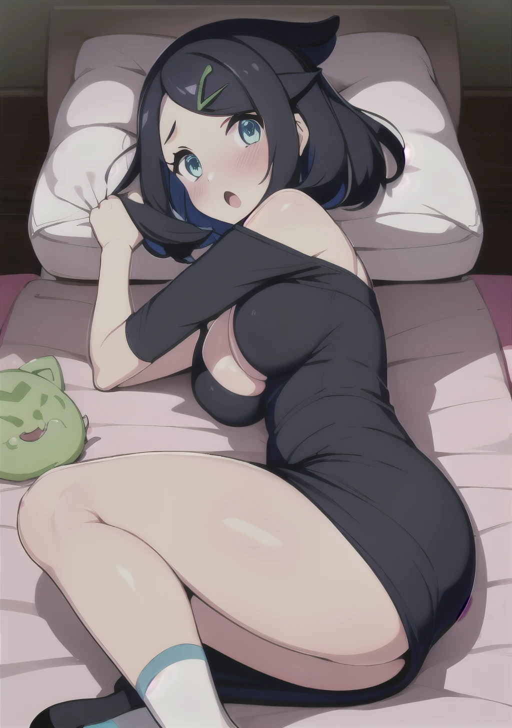 liko, 1girl, solo, looking at viewer, open mouth, blue eyes, black hair, hair ornament, holding, collarbone, shoes, socks, hairclip, :o, eyelashes, wearing a tight dress, black dress with white stripes, medium tits, very huge ass, lie sideways on the bed, he blushes, lie on your side, lie on your side, very surprised