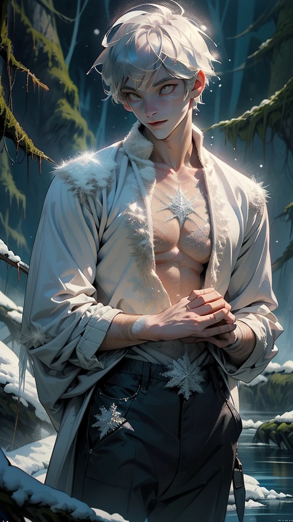 1boys,Young men,Male,superdetailed,Wallpapers,Hi-Def,optimal quality,(Ice and snow),Photorealistic photorealism,light particules,volumettic light,Photorealistic rendering,crystal shards,Ice and snow,Hair made of crystals,Land of gems,Transparent hair,White tulle,Gauze clothes,Flowing clothes