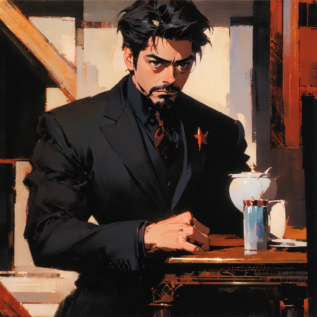 Tony stark,  black uniform with red, Silhouette, в  Full Height,  Full Height, leans his palms on the table, looks to the left, symmetry, beautiful,  high quality, dark