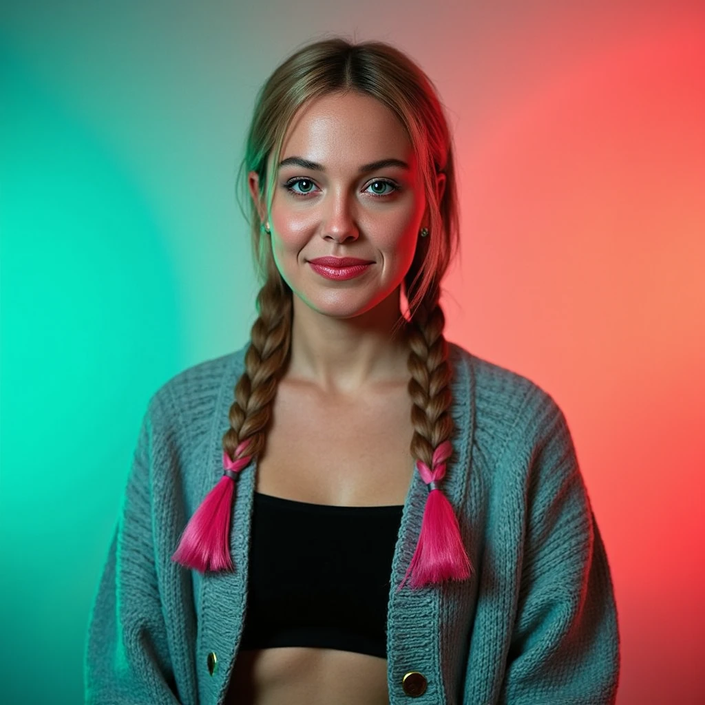 Photo of a 22-year-old Ukrainian woman with two long, sleek braids, each ending in soft, vibrant pink-dyed tips that add a playful and unique touch to her look. She has fair skin with a healthy, natural glow and subtle freckles across her nose and cheeks. Her lips have a natural rosy hue, complementing her youthful and fresh appearance. She gazes directly into the camera with a warm and confident expression, her head slightly tilted for a dynamic yet approachable pose.

She is dressed in a light beige knit sweater with a relaxed fit, paired with simple silver stud earrings that add a touch of understated elegance. The cozy and neutral tones of her outfit balance the boldness of her hair, creating a harmonious yet striking contrast.

The background is a soft gradient of light lavender and warm peach, offering a colorful yet subtle contrast to her natural complexion and outfit. The lighting is soft and even, highlighting her fresh features while gently accentuating the textures of her sweater and the vivid ends of her braids. The overall composition is warm, inviting, and effortlessly modern, capturing her unique personality and vibrant charm.