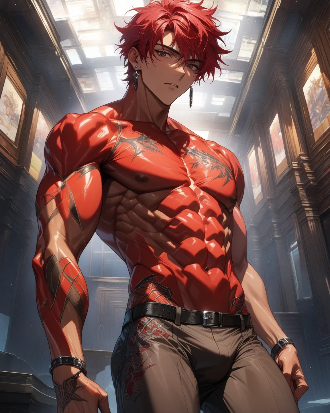 ((1boy)), young boy, (nice hands, perfect hands), (male focus), (perfect anatomy), ((kirishima eijirou)), bare chest, sparkling eyes, abs and pectoral muscles, (ready to attack a villain, looking at viewer), (ruined burning city in the background)