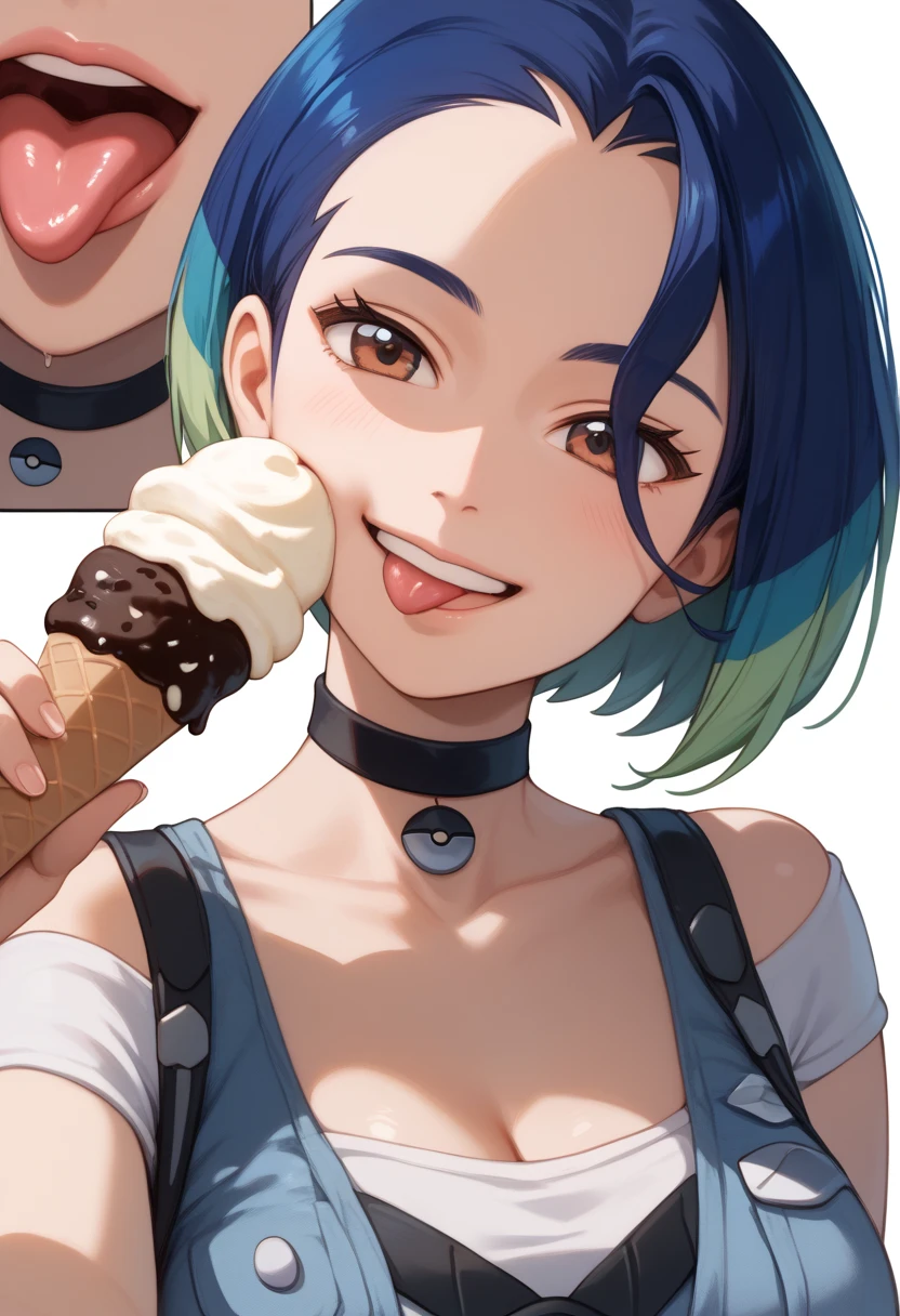 ((((MASTERPIECE)))), best quality, 1 girl, solo,,Medium breasts,large ass,perrin_pokemon, blue_hair, multicolored_hair, brown_eyes, short_hair, choker, shirt, crop_top, denim,,Beautiful attention to detail:1.2, (perfect hand, perfect anatomy), super detailed, beautiful face,Health room,smile ,(close-up face:1.8) ,Licking ice cream,Sticking out tongue:1.3,ice in mouth:1.0