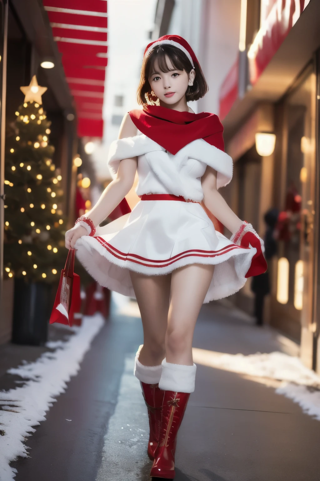  super high definition 、 REAL PHOTO、( Extremely Detailed CG Unity 8K Wallpaper 、masterpiece)、(Best lighting、 Best Shadow、 very delicate and beautiful)、 Petite female Santa Claus with short hair、 Red and white Santa Claus motif、Fluffy white earmuffs、 Red mini skirt and red shawl、 Bare legs and red short boots、 Walking through a winter shopping mall、