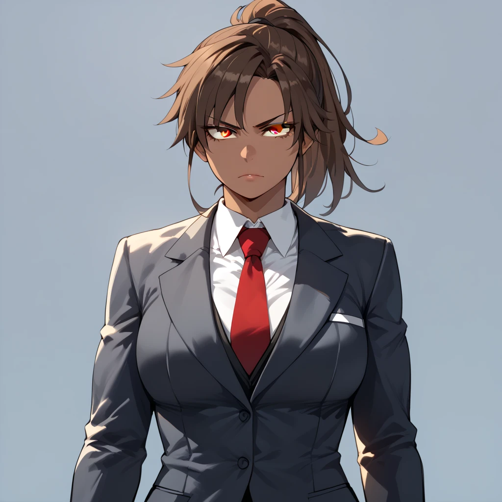 girl, long hair, ponytail, brown hair, tanned skin, tomboy, muscular, tall, big breats, suit clothes, serious face, brown eyes, extremaly detailed eyes, perfect hands, masterpiece, simple background, perfect lighting, strong woman, ratatatat74