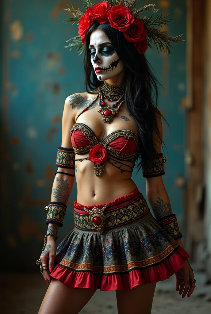 day of dead face-paint. centre composition. subject low in picture. Dias de los Muertos revealing La Catrina costume. alluring sexy sensual woman wearing full Day Of The Dead face make-up, standing on high dam top above mexico village. vintage photograph. 8k cinematic. hyper-realistic.
