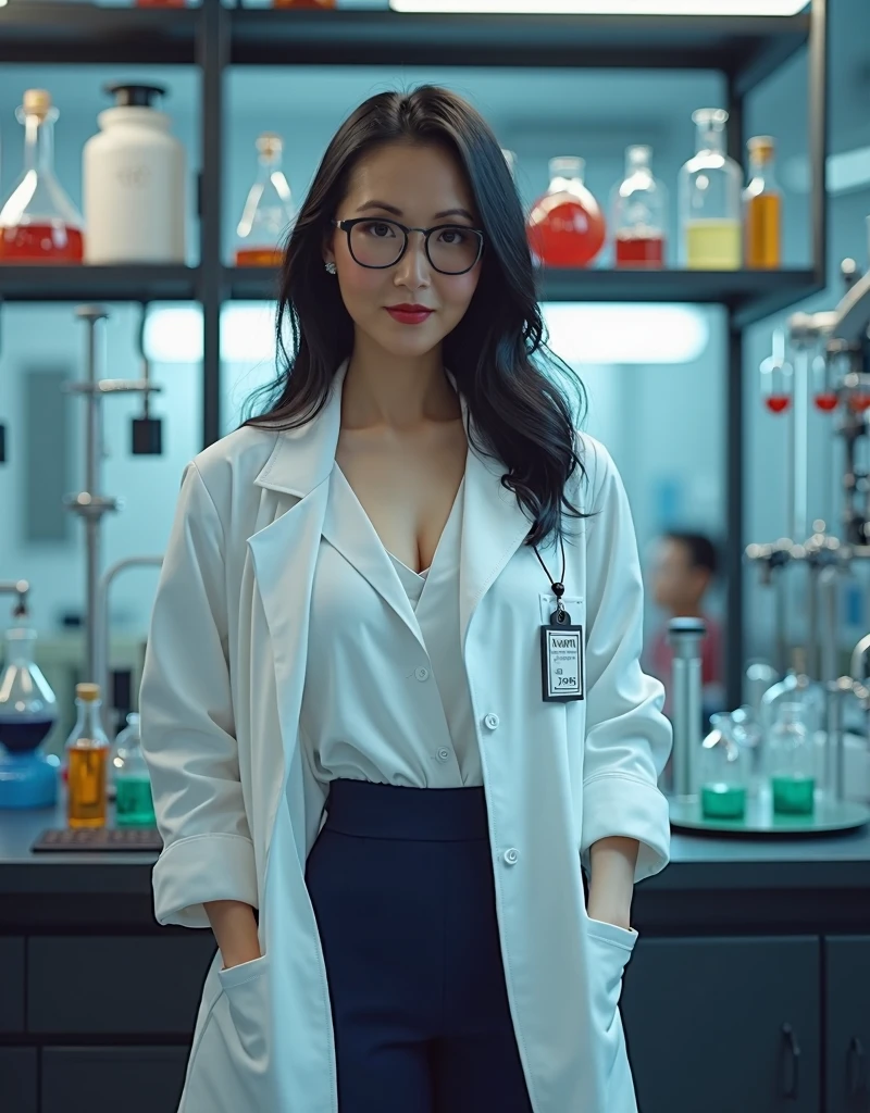 Super Detailed image of gorgeous asian female doctor, nude wearing open lab coat, standing, in laboratory, seductive smile, perfect make-up, black hair, octane render, striking, expressive look, alluring look, determined look, strong eyeliner, mesmerizing eyes, elegant, graceful, natural beauty, magnetic, charismatic, versatile, photogenic, backlit