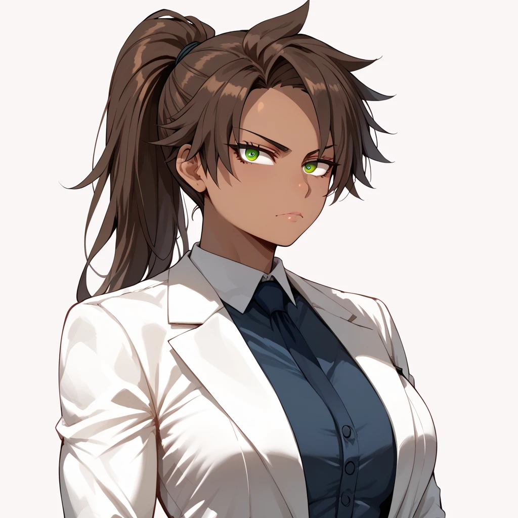 girl, long hair, ponytail, brown hair, tanned skin, tomboy, muscular, tall, big breats, suit clothes, serious face, brown eyes, extremaly detailed eyes, perfect hands, masterpiece, simple background, perfect lighting, strong woman, ratatatat74