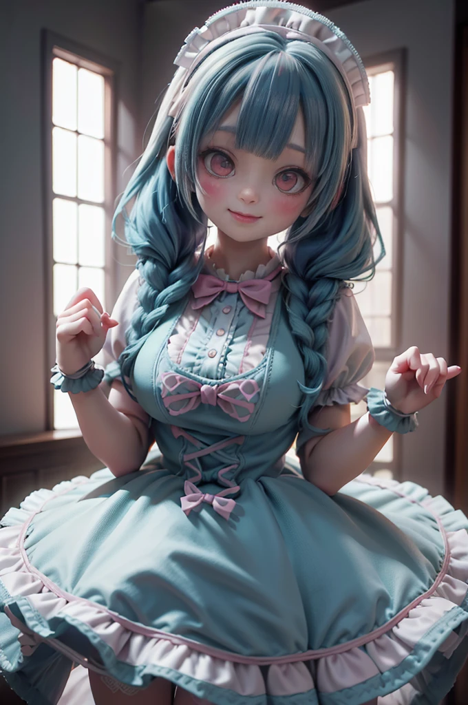  1 girl, Photo,  masterpiece, Sweetlolita im Bedroomgothic Gothic Interior, (black-white dress fabric) ,  blushing pink makeup , Gloves, smile, ((side twin braids, blue hair, green augen)), Pastel colors, artfully, Broderry,  keeps stuffed teddy bear, bokeh,,  huge breasts 