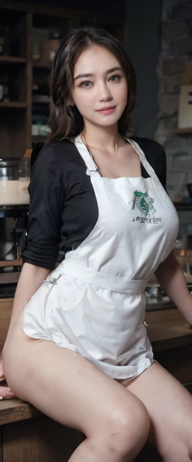 Beautiful barista "STARBUCK" sitting posing wearing barista apron with seductive pose, big smile, happy, excited, She appears without bra in elegant dress. looking away to the viewer, shot from below, background Modern cafe with wooden bar counter, sophisticated espresso machine, and minimalist shelf with small plants. Concrete wall combined with wooden accents, lit by warm geometric lights.  Large windows bring in natural light,
cleavage, SFW, ((sweet smile:1.2)),(big breasts:1.3), (No-Underwear Style:1.3), morning lighting, mature body shape, cute face, slim belly, random pose, (35mm lens photo result), depth of field cinematography effect, romantic movie genre, 8k resolution, high quality, ultra detail,
(wearing Barista apron:1.3), (STARBUCK APRON:1.2),
good hands,4k, high resolution, masterpiece, best quality,((Hasselblad photography)), highly detailed skin, sharp focus, (cinematic lighting), soft lighting, dynamic angle, [:(detailed face:1.2):0.2], 