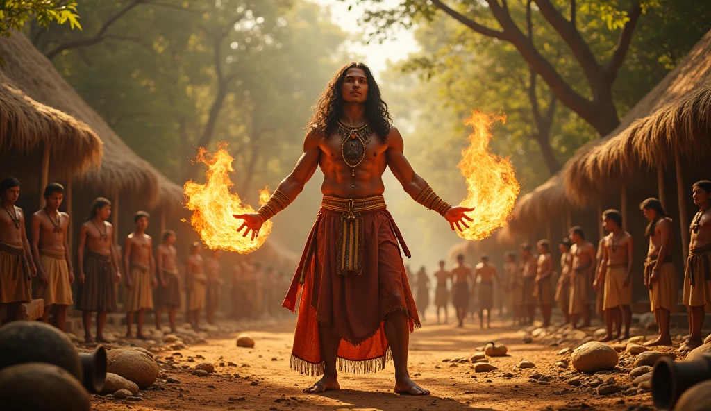 (photorealism:1.2), handsome young man, indigenous clothing, tall, handsome, muscular, hair on fire  