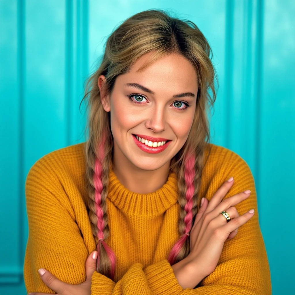 Photo of a 22-year-old Ukrainian woman with two long, sleek braids, each ending in soft, vibrant pink-dyed tips, laughing joyfully with her head slightly tilted back. Her bright, natural smile reveals her lively and charismatic personality, and her freckled cheeks are gently flushed with laughter. Her expressive eyes sparkle, creating an infectious sense of happiness and energy.

She is dressed in a vibrant mustard-yellow oversized sweater with a chunky knit texture, giving her a cozy yet fashionable look. She lightly hugs herself with one arm, the other hand casually brushing the end of one of her braids, adding a playful and dynamic element to the pose.

The background is a bright, modern turquoise wall with subtle texture, providing a vivid contrast to her warm-toned outfit and making her stand out beautifully. The lighting is soft yet cheerful, with warm tones illuminating her face and hair, creating a fresh, dynamic atmosphere. The overall vibe is full of life, warmth, and charm, capturing her in a moment of genuine joy.