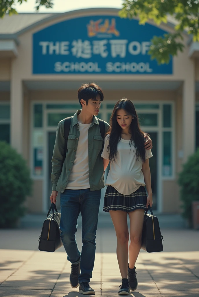 image of a boy and a girl with a backpack on their back and a teacher with a book in her hand.
